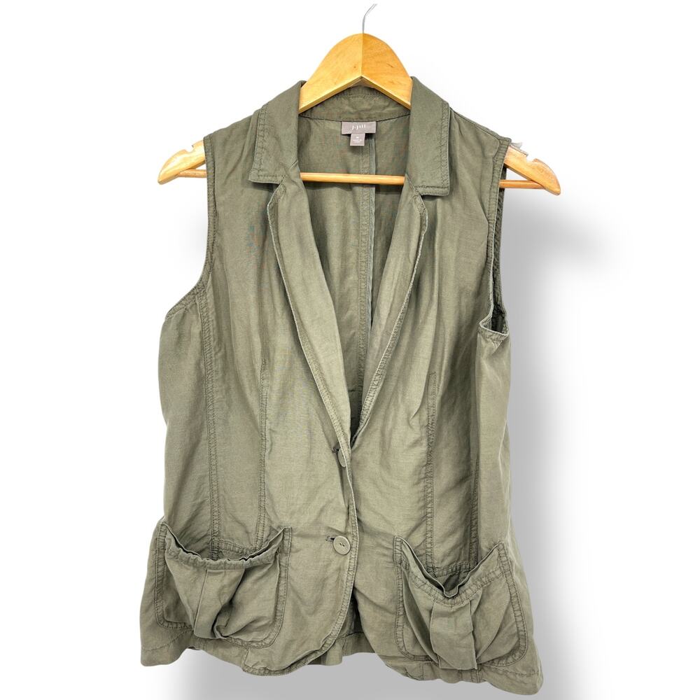J. Jill Vest Silk Linen Blend Olive Green Single Button w/ Pockets Safari Vest M